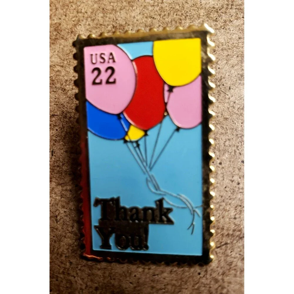 Vintage USA USPS Postal BALLOONS THANK YOU 22¢ STAMP Metal GOLD Lapel PIN 1980s